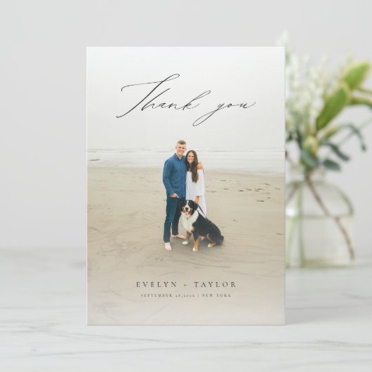 Modern Script Photo Overlay Wedding Message サンキューカード (スタンド正面)