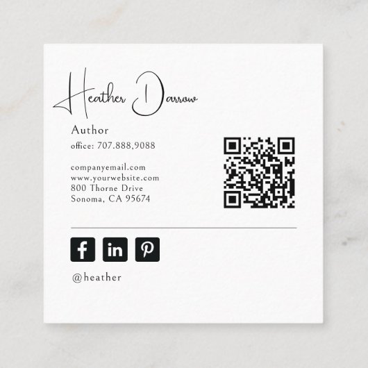 Modern Script Photo QR Code Author Writer スクエア名刺 (裏面)