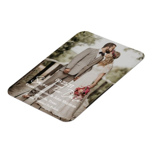 Modern Script Photo Wedding Save The Date マグネット (左側)