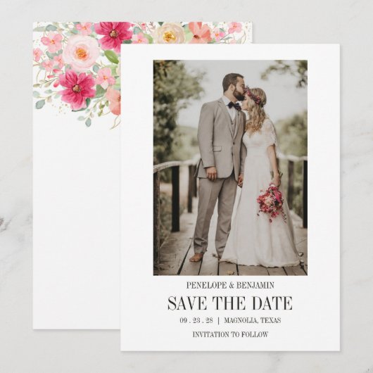 Modern Script Photo Wedding Save The Date 招待状 (正面/裏面)