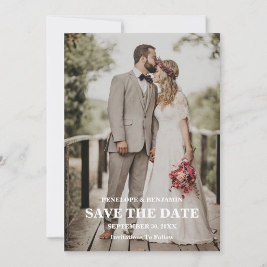 Modern Script Photo Wedding Save The Date 招待状 (正面)