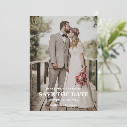 Modern Script Photo Wedding Save The Date 招待状 (スタンド正面)