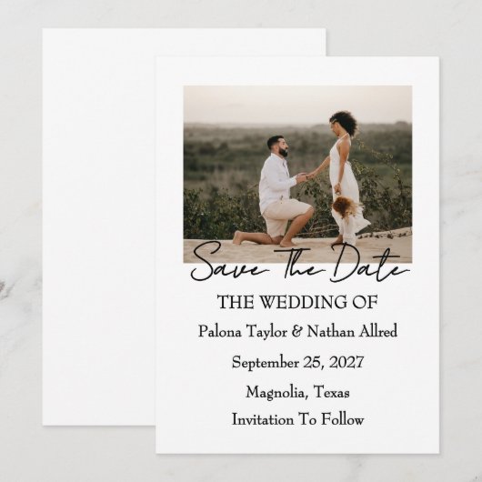 Modern Script Photo Wedding Save The Date 招待状 (正面/裏面)