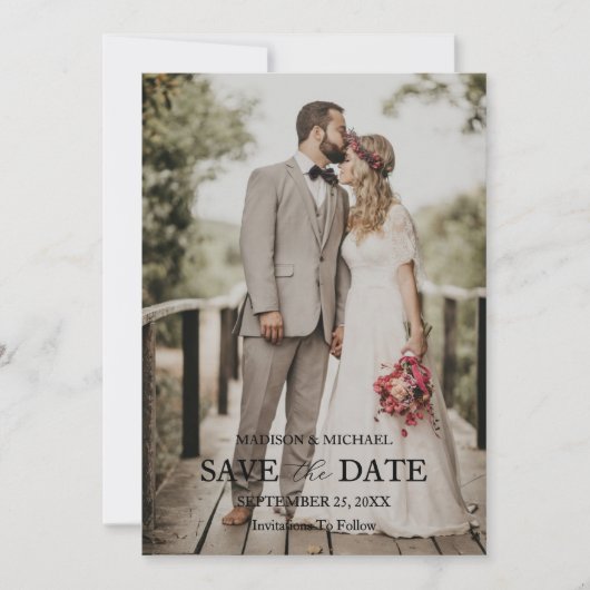 Modern Script Photo Wedding Save The Date 招待状 (正面)