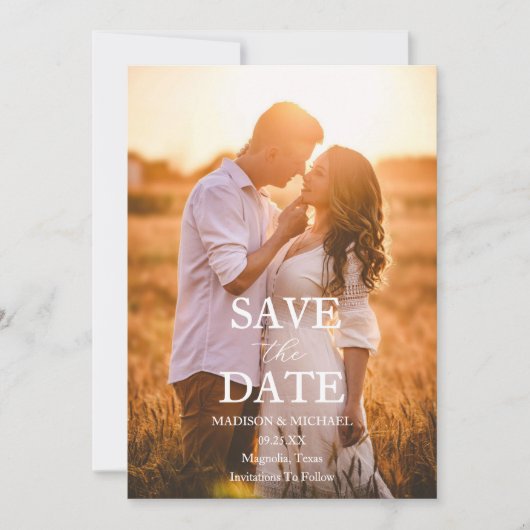Modern Script Photo Wedding Save The Date 招待状 (正面)