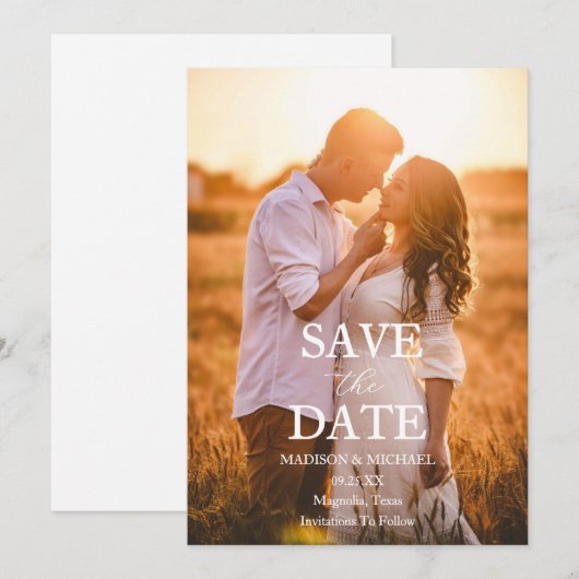 Modern Script Photo Wedding Save The Date 招待状 (正面/裏面)