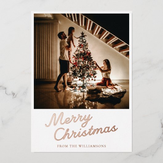 Modern Script Photo White Christmas Rose Gold 箔シーズンカード (正面)