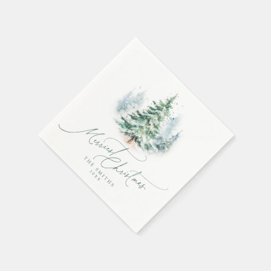 Modern Script Pine Tree Merriest Christmas スタンダードカクテルナプキン (角)