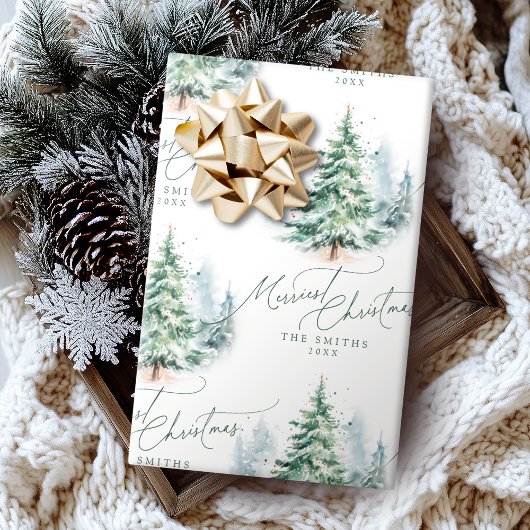 Modern Script Pine Tree Merriest Christmas ラッピングペーパー