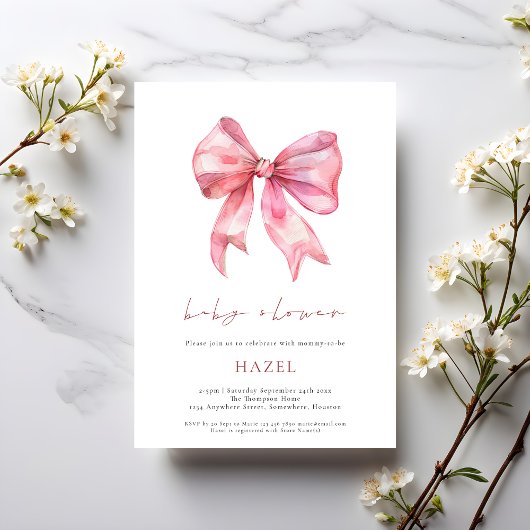 Modern Script Pink Bow Baby Shower 招待状