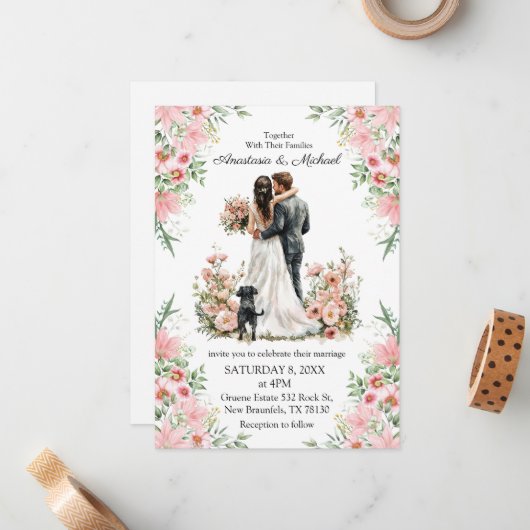  modern script pink floral wedding invitation   ノートカード (正面/裏面インサイチュ)