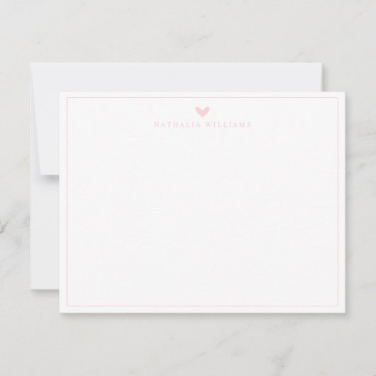 Modern Script Pink Heart Border Monogram Note Card ノートカード (正面)