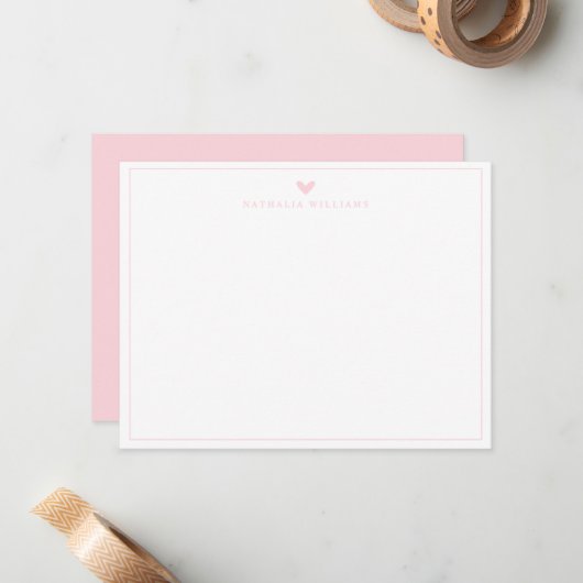 Modern Script Pink Heart Border Monogram Note Card ノートカード (正面/裏面インサイチュ)