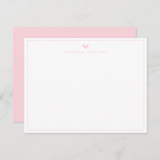 Modern Script Pink Heart Border Monogram Note Card ノートカード (正面/裏面)