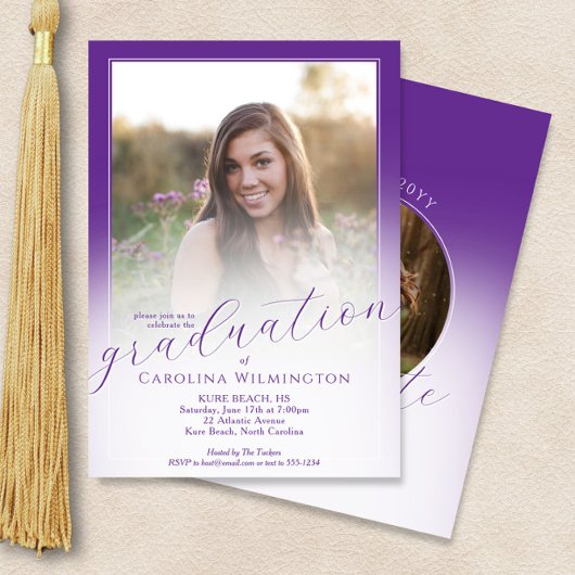 Modern Script Purple Ombre Photo Graduation 招待状