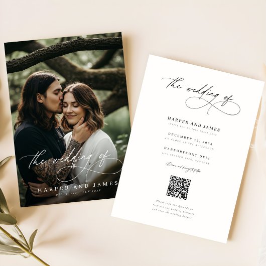 Modern Script QR Code Boho Minimalist Wedding 招待状