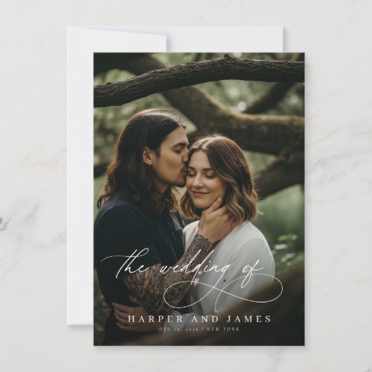 Modern Script QR Code Boho Minimalist Wedding 招待状 (正面)