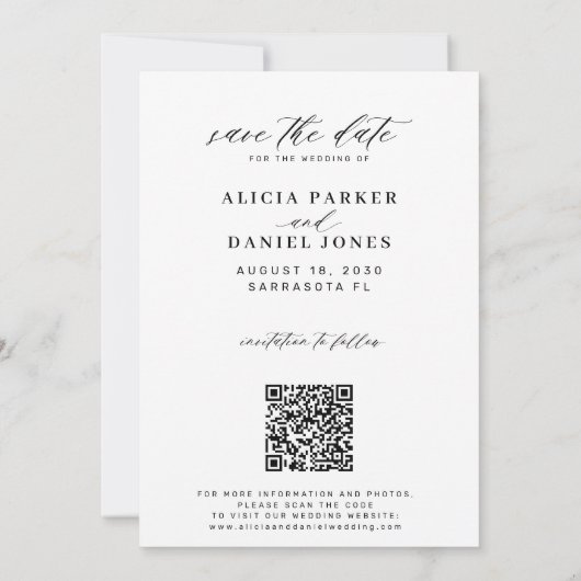 Modern script qr code photo wedding save the date セーブザデート (裏面)