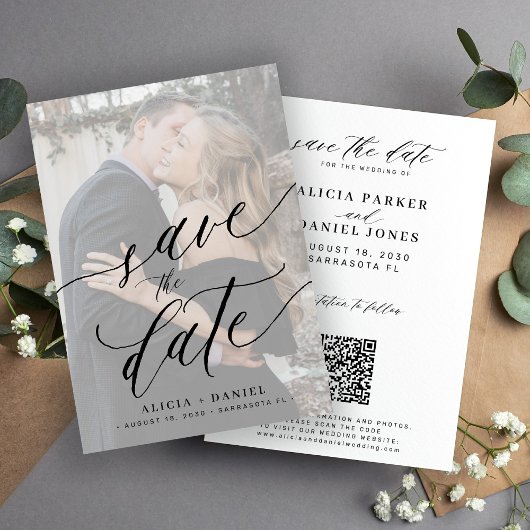 Modern script qr code photo wedding save the date セーブザデート
