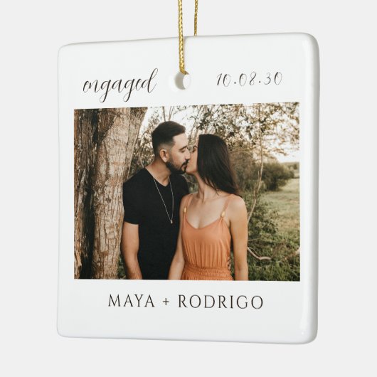 Modern Script Rustic Engagement Photo Keepsake  セラミックオーナメント (左)