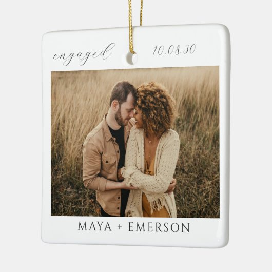 Modern Script Rustic Engagement Photo Keepsake セラミックオーナメント (左)