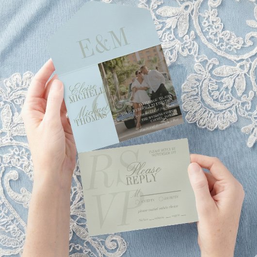 Modern Script Sage Green and Blue Wedding オールインワン招待状
