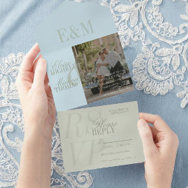Modern Script Sage Green and Blue Wedding オールインワン招待状