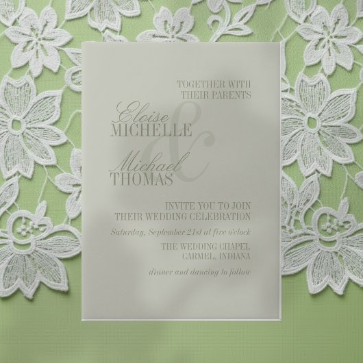Modern Script Sage Green Formal Wedding ベラム紙招待状