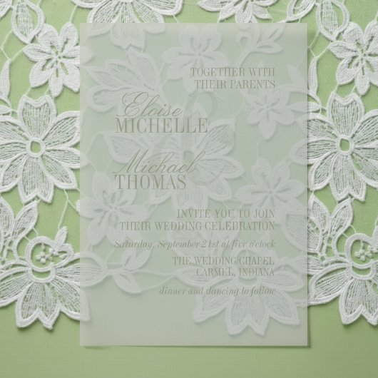 Modern Script Sage Green Formal Wedding ベラム紙招待状