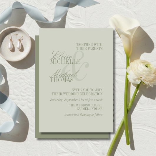 Modern Script Sage Green Formal Wedding 招待状