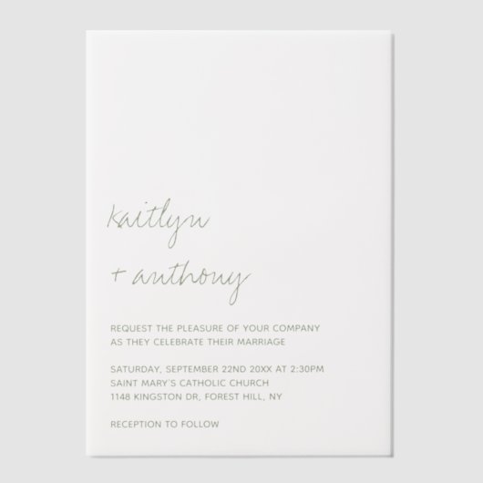 Modern Script Sage Green Minimalistic Wedding ベラム紙招待状 (正面)