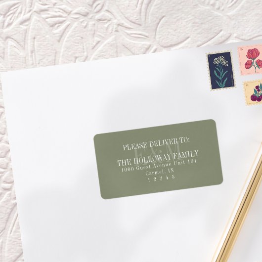 Modern Script Sage Green Monogram Wedding ラベル