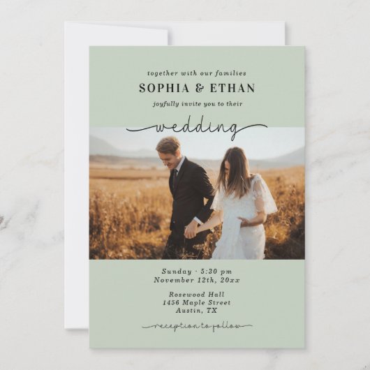 Modern Script Sage green Photo Wedding 招待状 (正面)