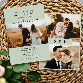Modern Script Sage green Photo Wedding 招待状