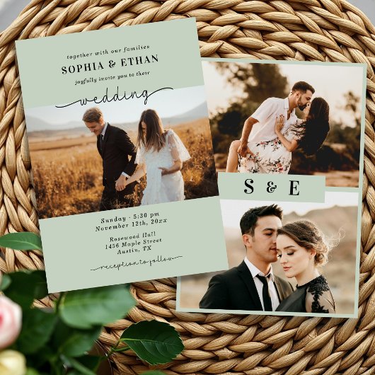 Modern Script Sage green Photo Wedding 招待状