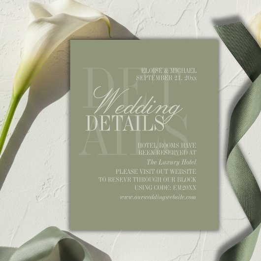 Modern Script Sage Green Wedding Details QR エンクロージャーカード