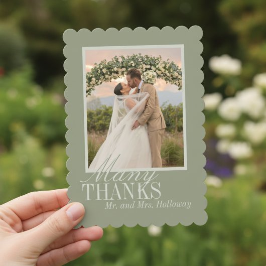 Modern Script Sage Green Wedding Photo サンキューカード