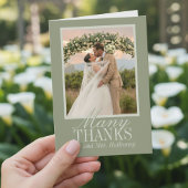 Modern Script Sage Green Wedding Photo サンキューカード