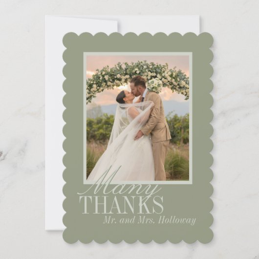 Modern Script Sage Green Wedding Photo サンキューカード (正面)