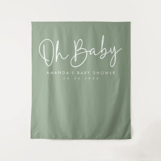 Modern Script Sage Oh Baby Baby Shower Backdrop タペストリー (正面)