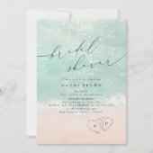 Modern Script Sand Hearts Beach Bridal Shower  招待状 (正面)