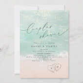 Modern Script Sand Hearts Beach Couples Shower  招待状 (正面)