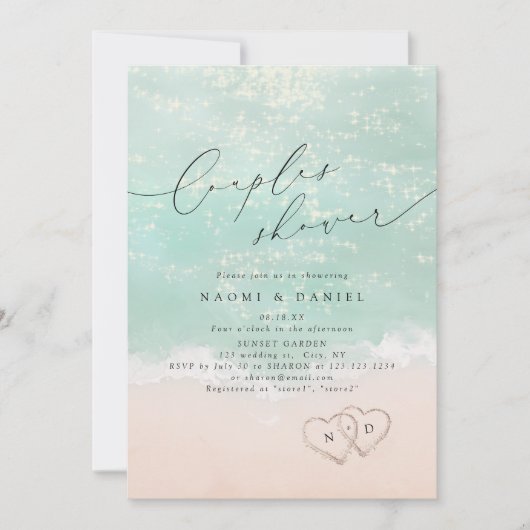 Modern Script Sand Hearts Beach Couples Shower  招待状 (正面)