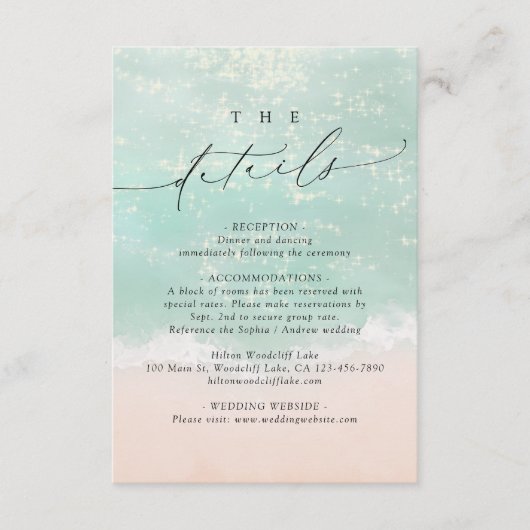 Modern Script Sand Hearts Beach Wedding Details エンクロージャーカード (正面)