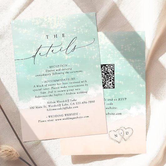 Modern Script Sand Hearts Beach Wedding Details エンクロージャーカード