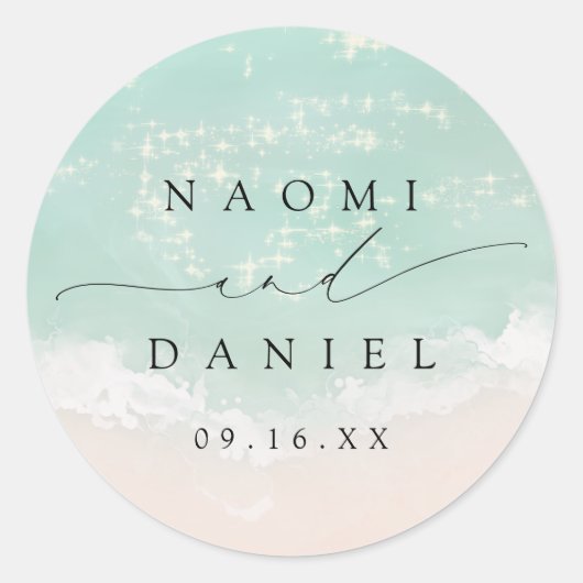 Modern Script Sand Hearts Beach Wedding Favors ラウンドシール (正面)