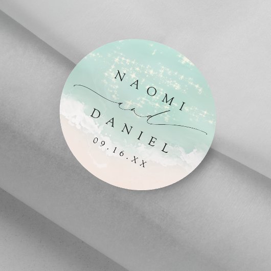 Modern Script Sand Hearts Beach Wedding Favors ラウンドシール