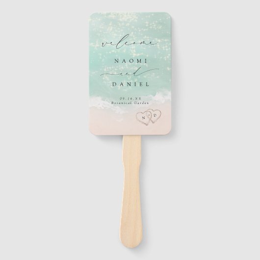 Modern Script Sand Hearts Beach Wedding Program ハンドファン (正面)