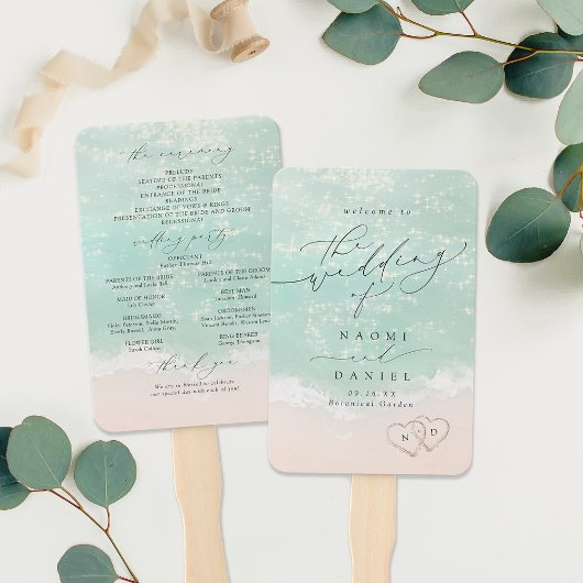 Modern Script Sand Hearts Beach Wedding Program ハンドファン