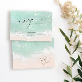 Modern Script Sand Hearts Beach Wedding RSVP